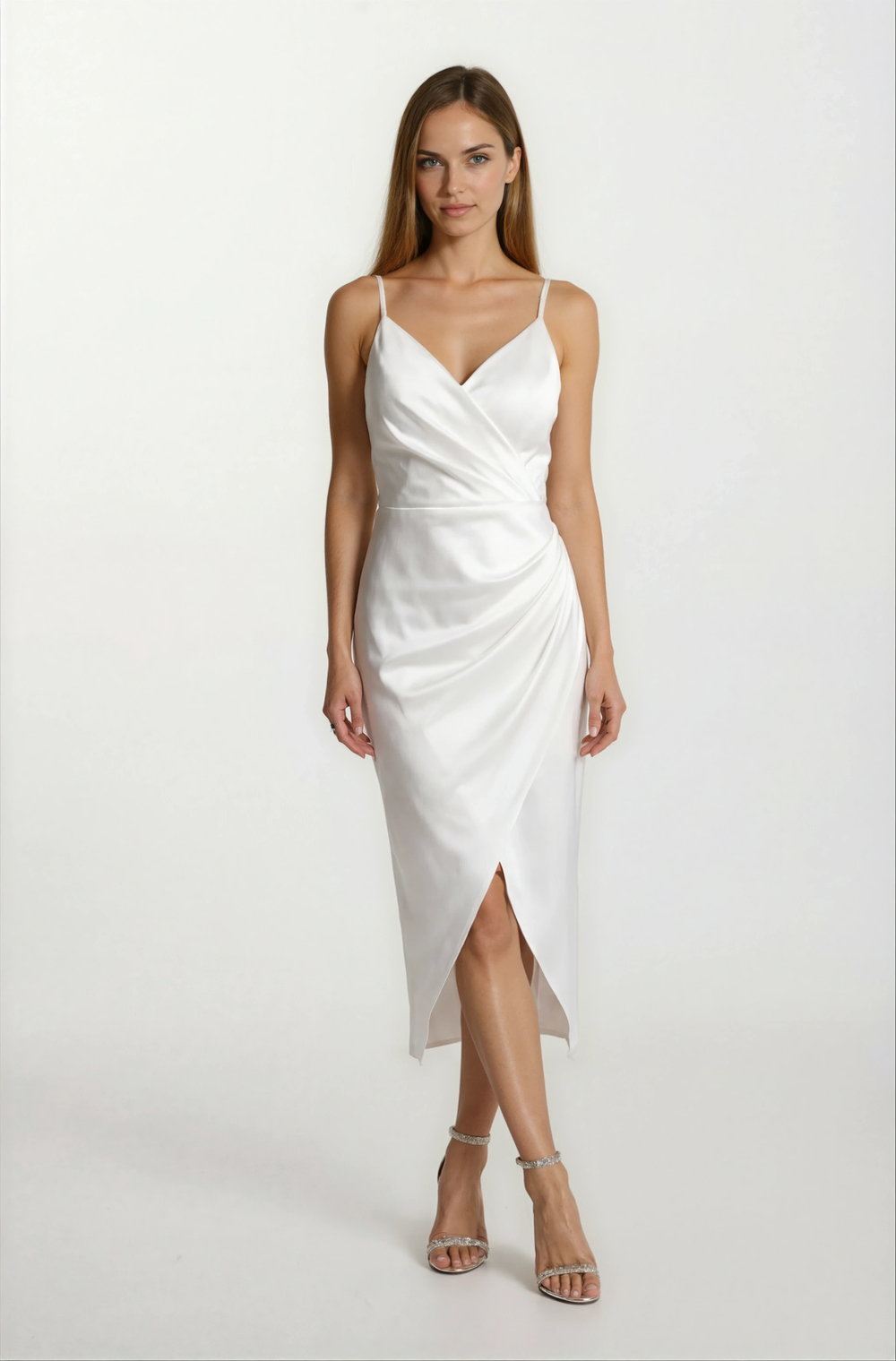 Odoardo İnce Askılı Kruvaze Asimetrik Midi Abiye Elbise EKRU