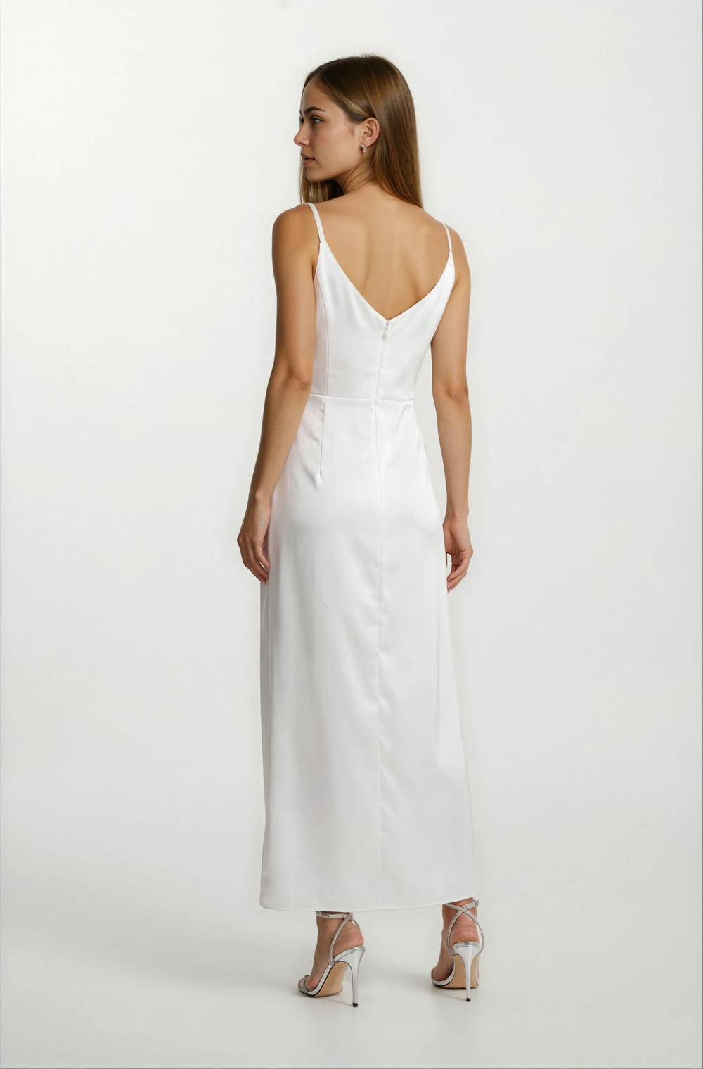 Odoardo İnce Askılı Kruvaze Asimetrik Midi Abiye Elbise EKRU