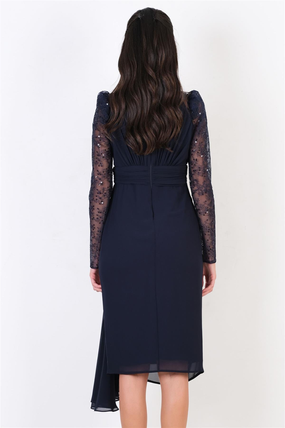 Ombra Kol Tül Beli Drapeli Midi Abiye Elbise LACİVERT