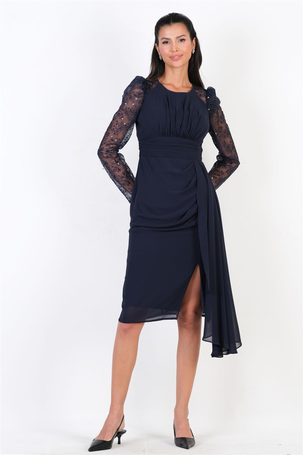 Ombra Kol Tül Beli Drapeli Midi Abiye Elbise LACİVERT