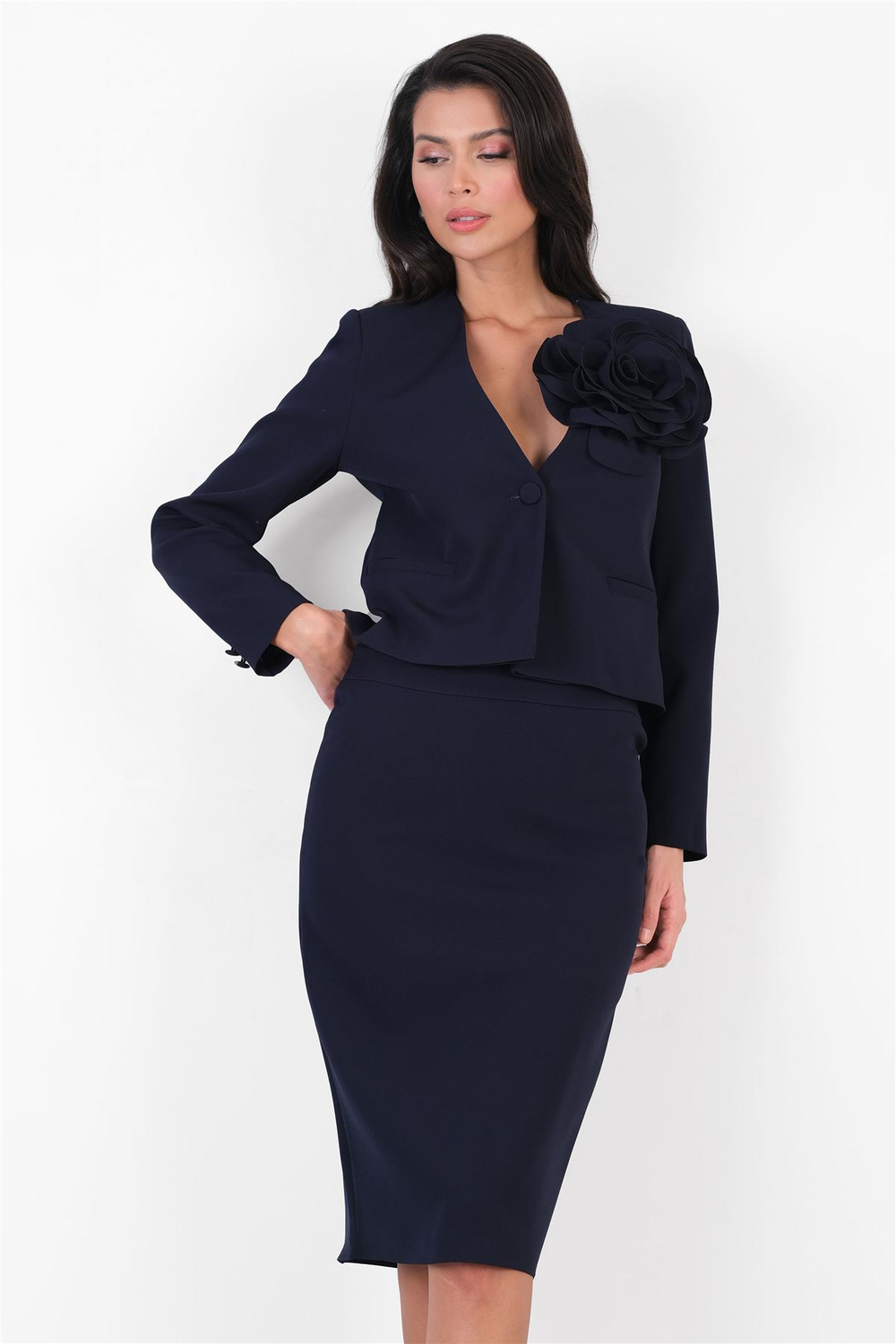 Onilde Yaka Gül Detaylı Tek Düğme Ceket LACİVERT