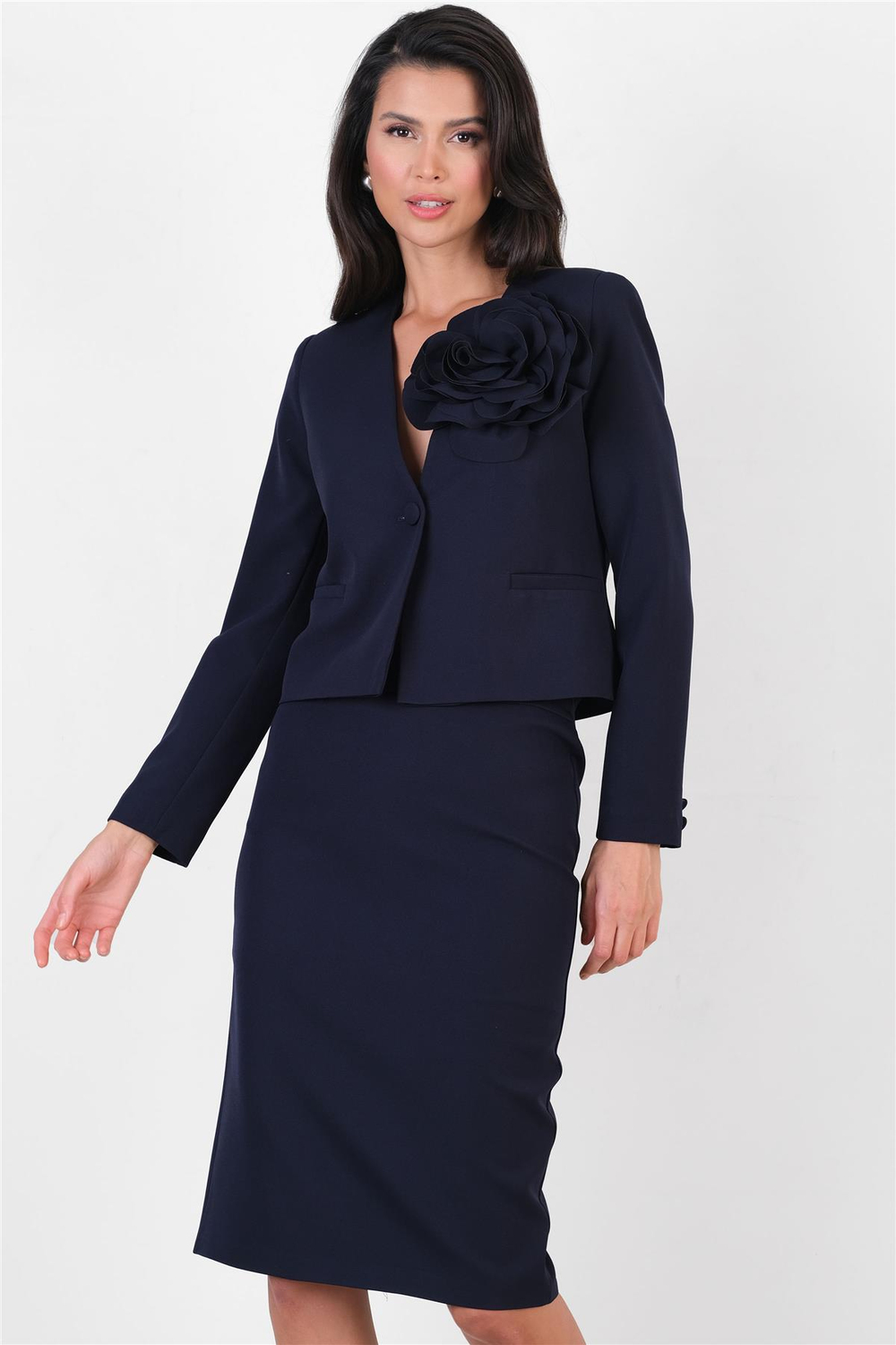 Onilde Yaka Gül Detaylı Tek Düğme Ceket LACİVERT