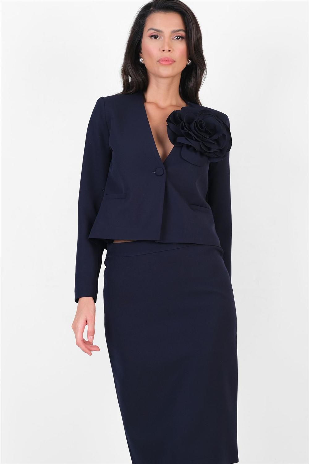 Onilde Yaka Gül Detaylı Tek Düğme Ceket LACİVERT