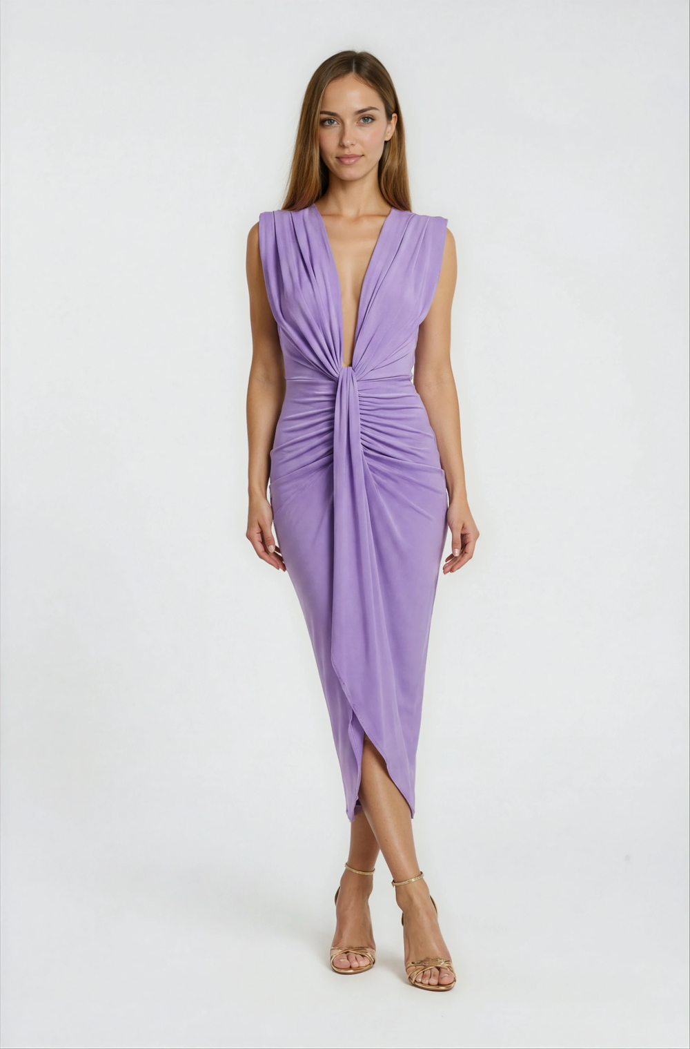 Onisto Omuz Pileli Önü Derin V Uzun Abiye Elbise LİLA