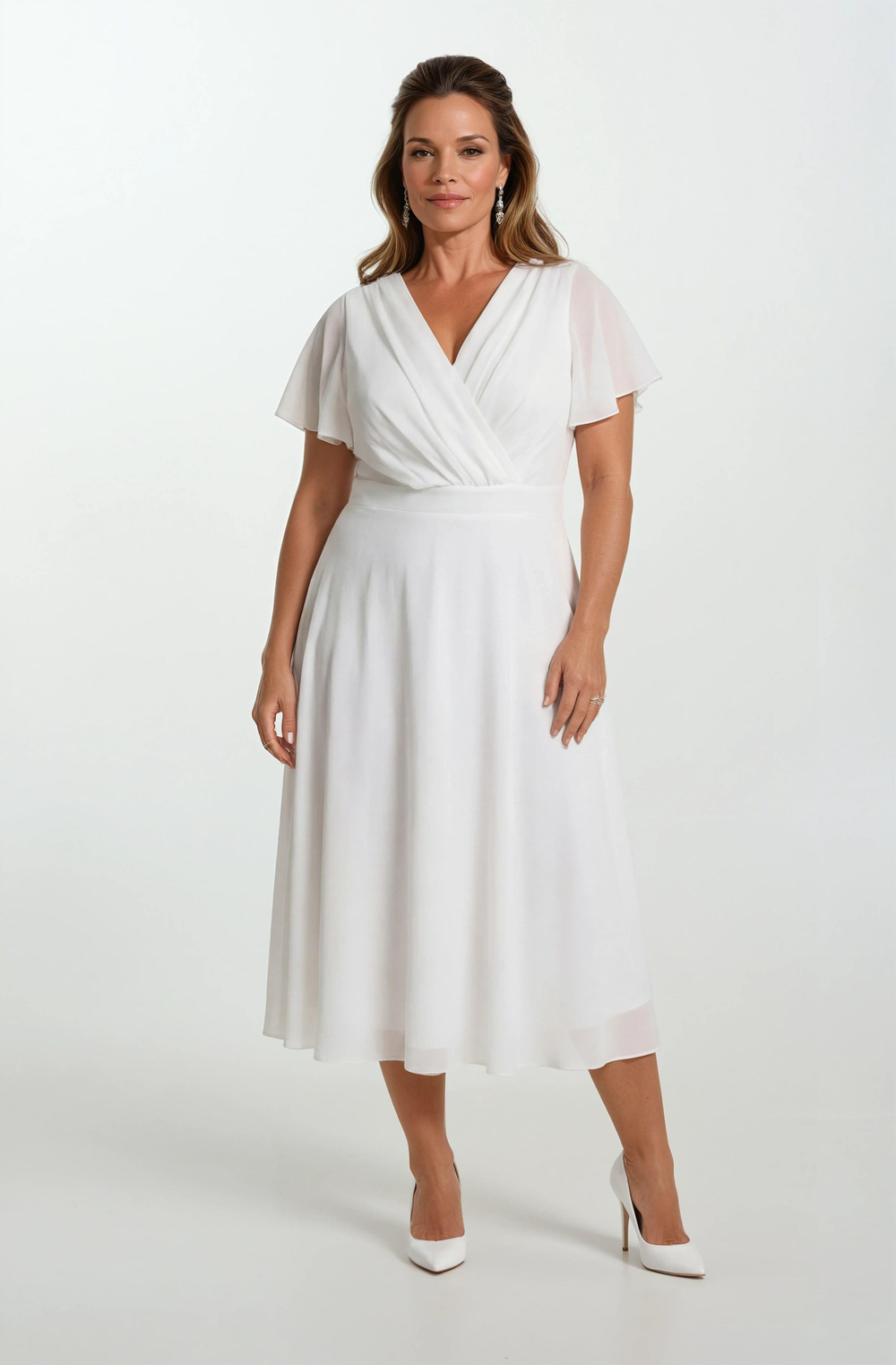 Ornato Kruvaze Yaka Kloş Midi Abiye Elbise BEYAZ