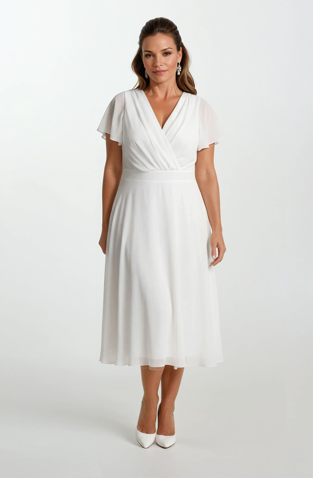 Ornato Kruvaze Yaka Kloş Midi Abiye Elbise BEYAZ