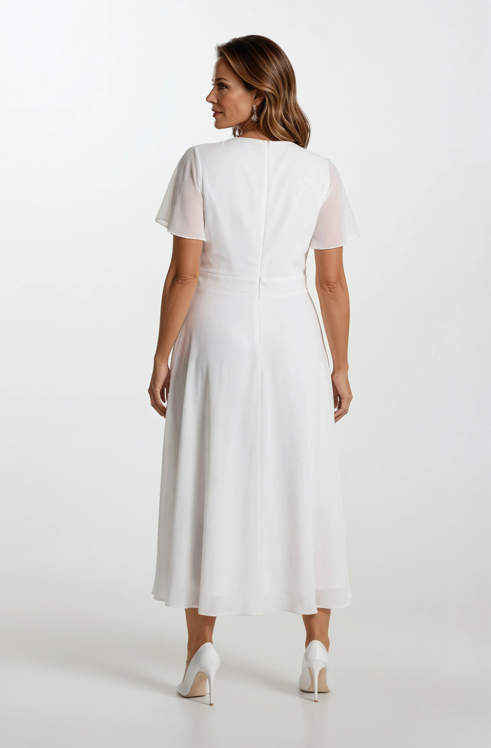 Ornato Kruvaze Yaka Kloş Midi Abiye Elbise BEYAZ