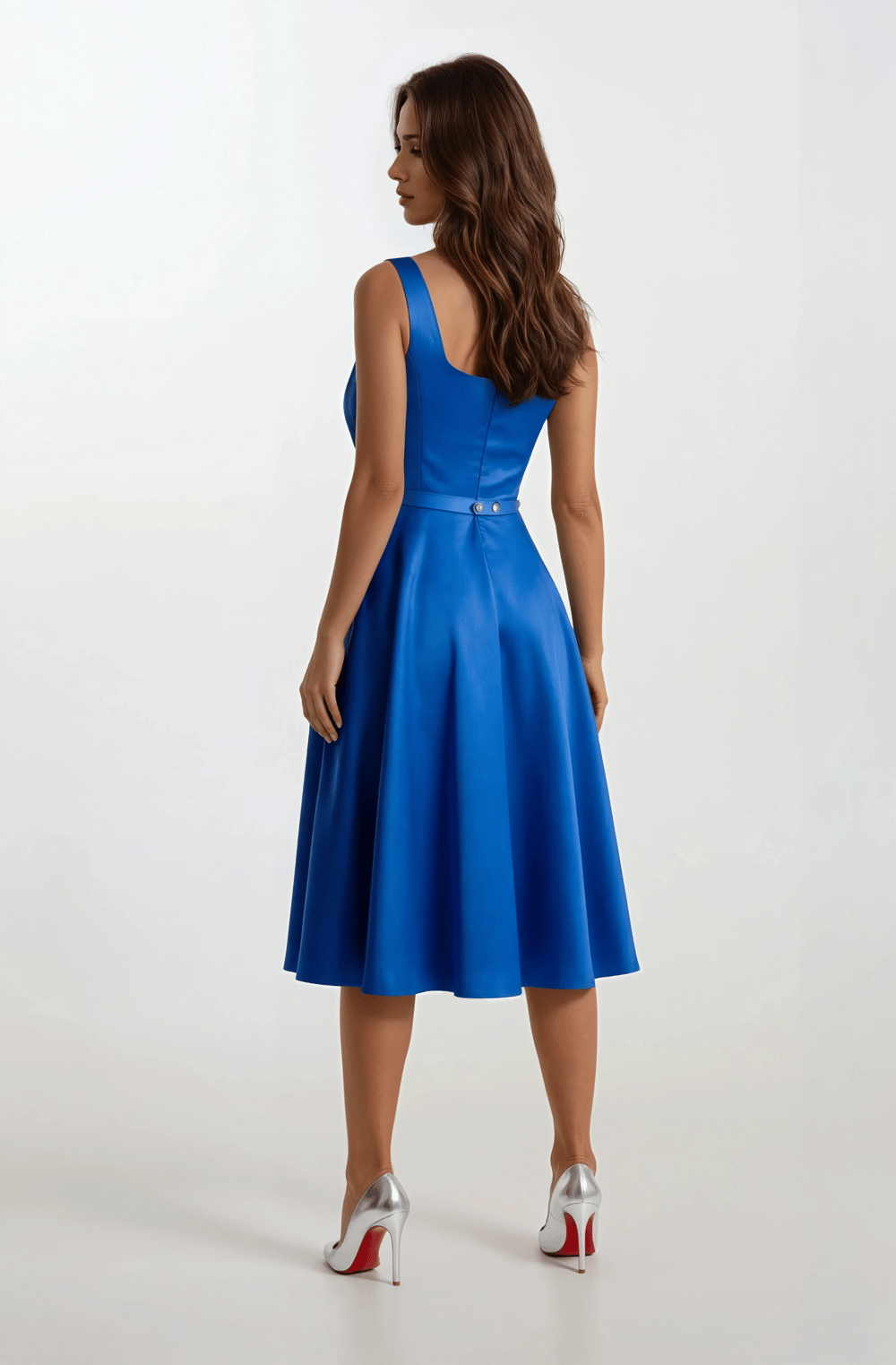 Orsetta Kare Yaka Askılı Kloş Fiyonk Kemerli Uzun Abiye Elbise SAKS