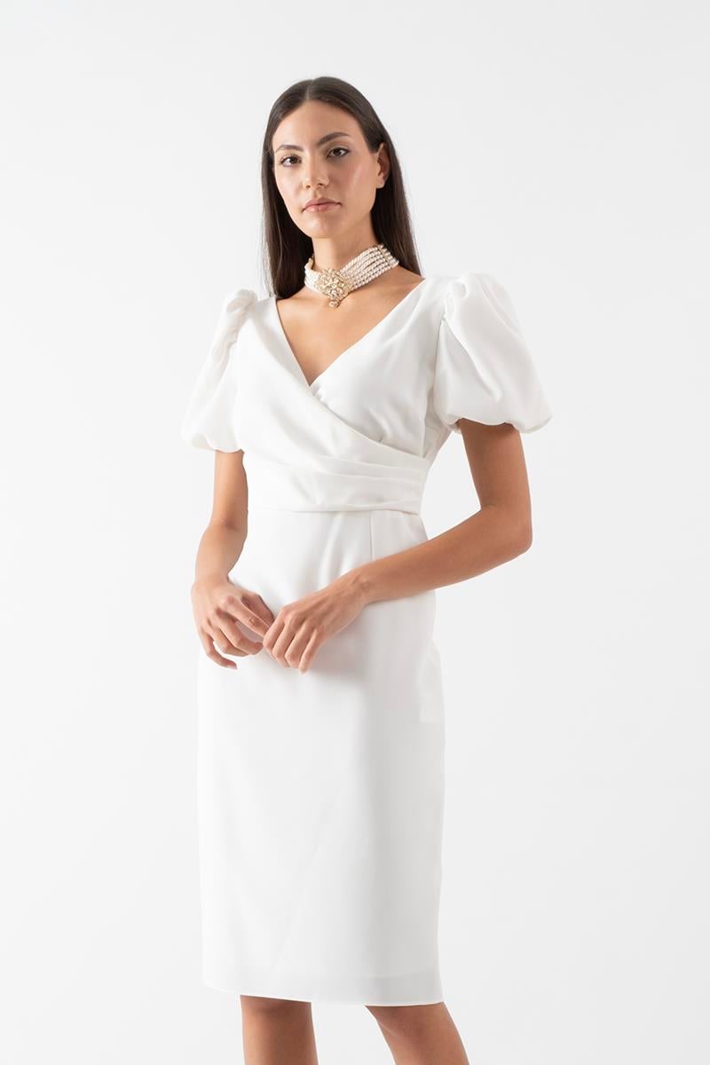 Orsoletta Kruvaze Yaka Karpuz Kol Midi Abiye Elbise BEYAZ