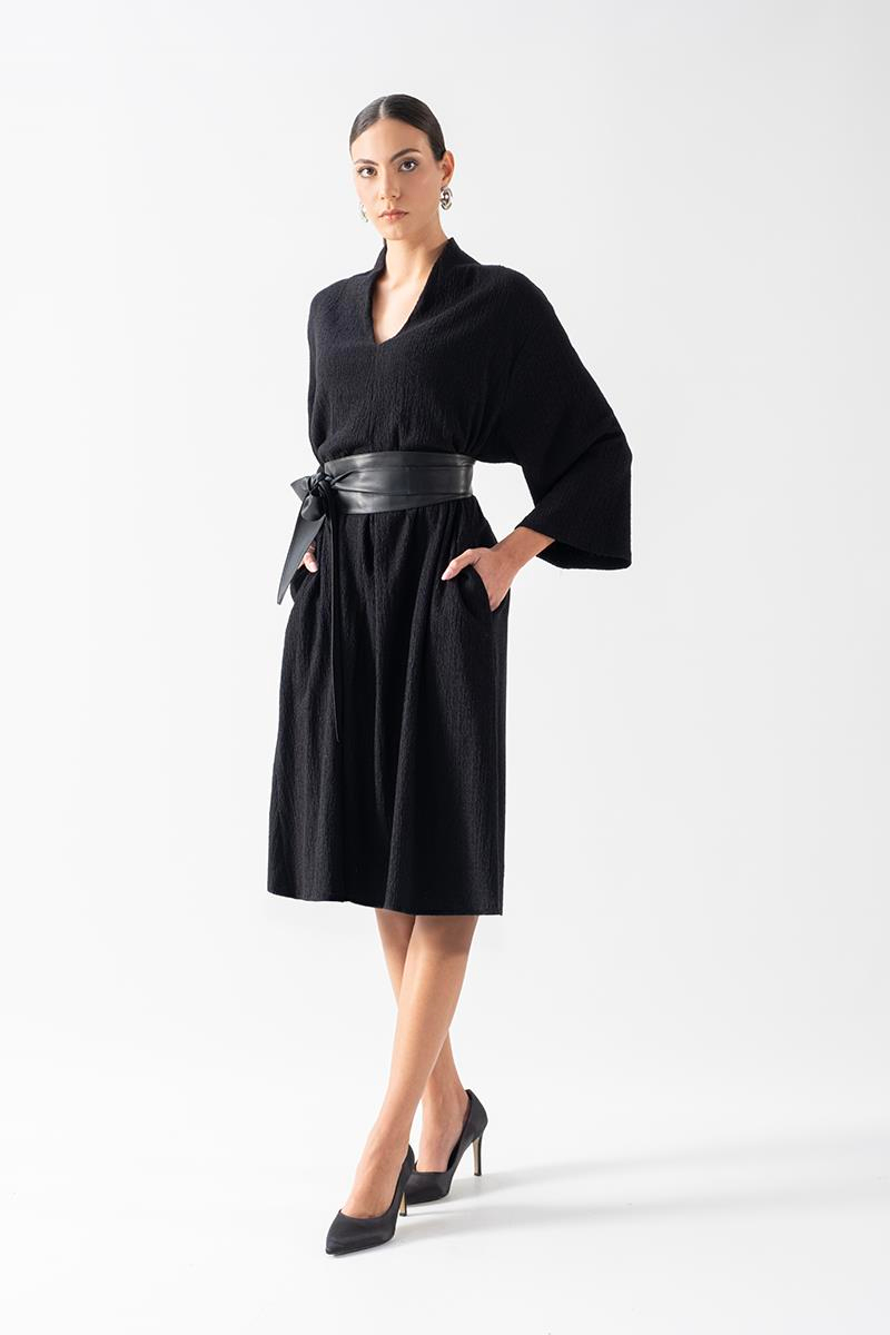 Ottaviano V Yaka Önü A Pile Geniş Kesim Elbise SİYAH