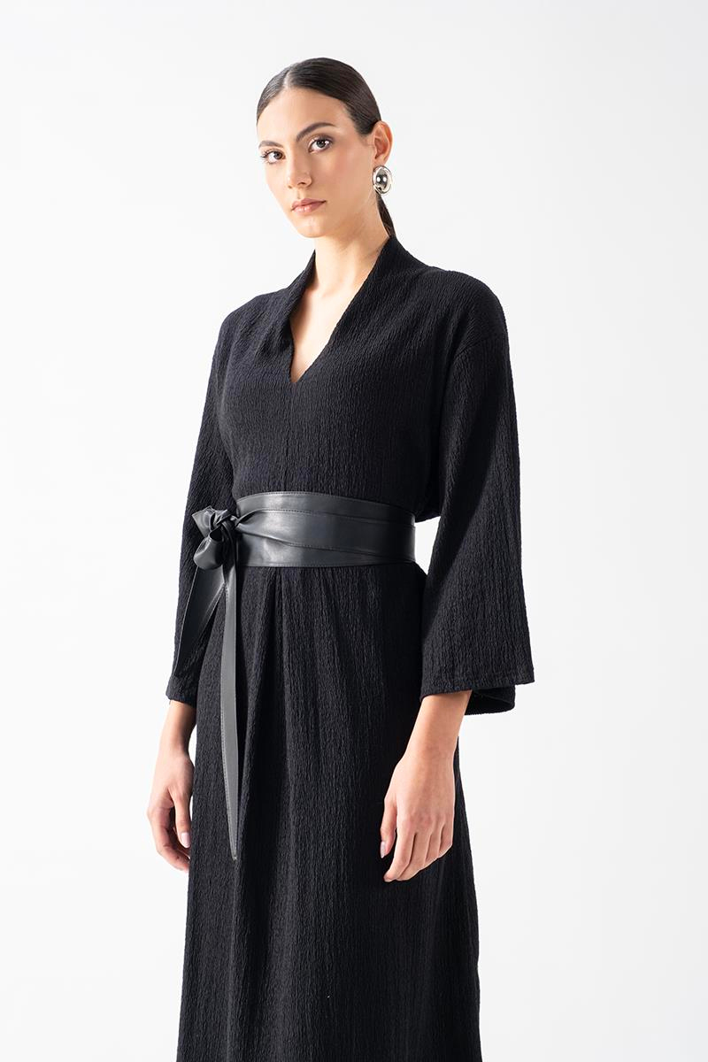 Ottaviano V Yaka Önü A Pile Geniş Kesim Elbise SİYAH