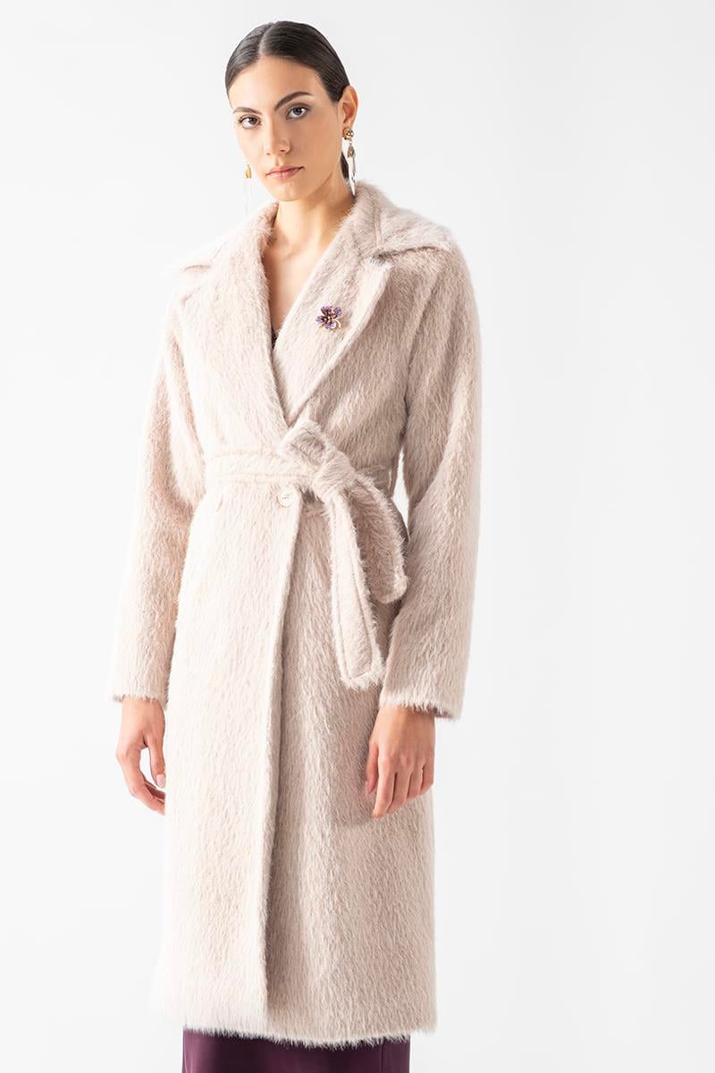 Ottobello Mono Yaka Kruvaze Kuşaklı Kaban BEJ