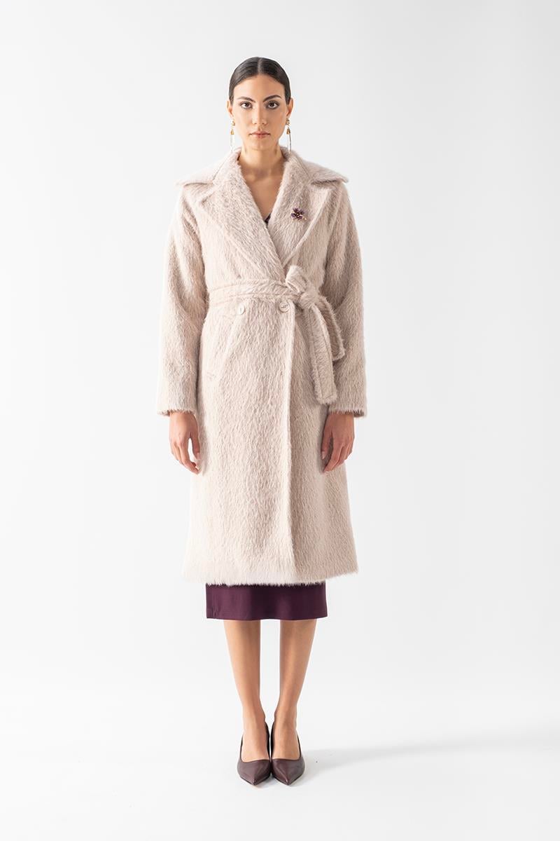 Ottobello Mono Yaka Kruvaze Kuşaklı Kaban BEJ