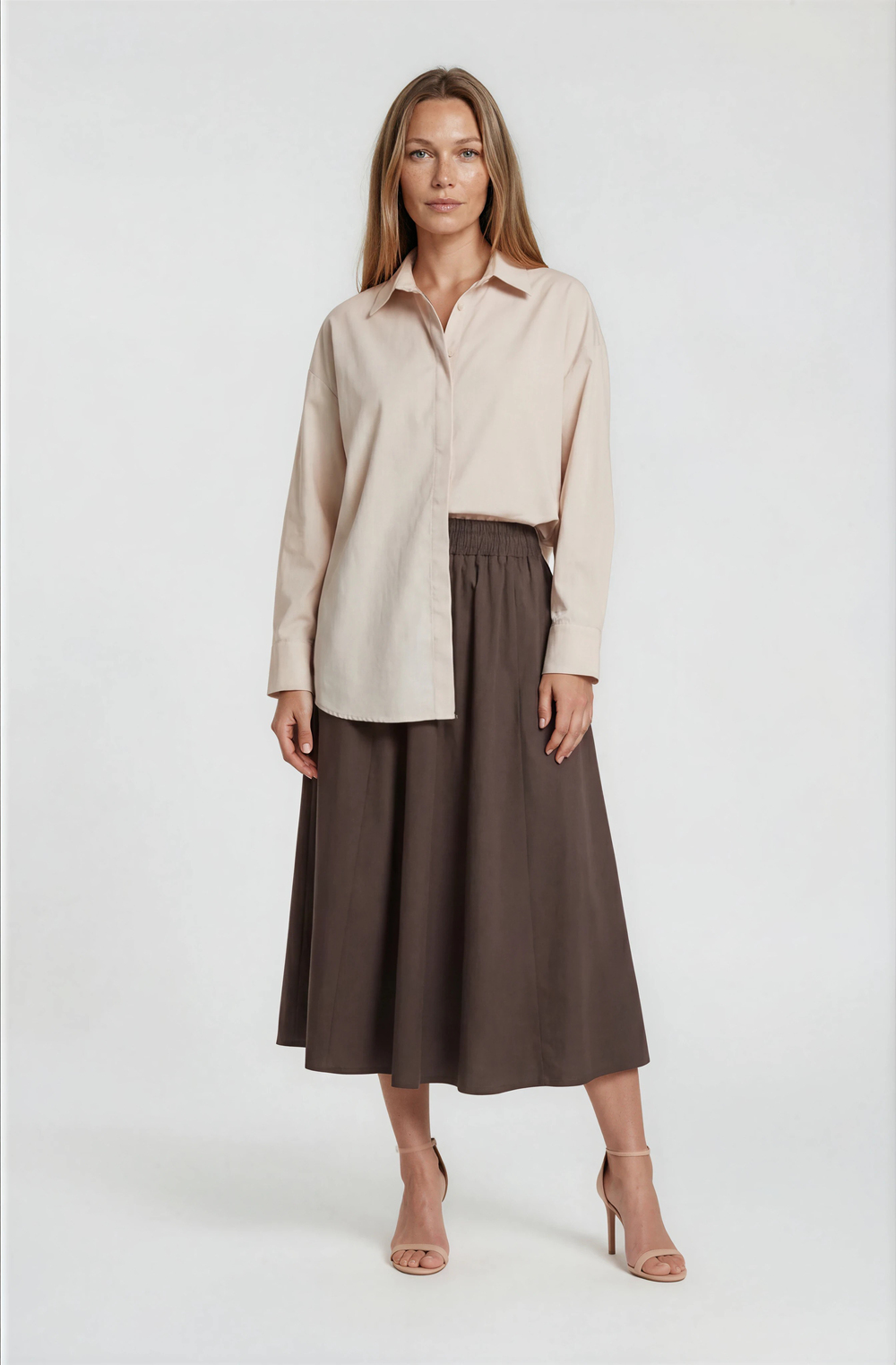 Oversize Gizli Patlı Poplin Gömlek BEJ