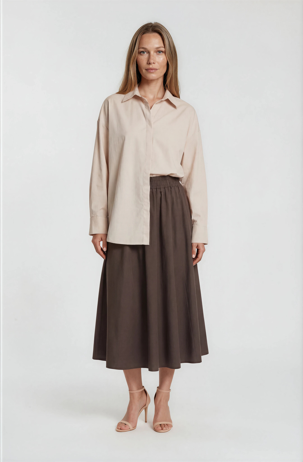 Oversize Gizli Patlı Poplin Gömlek BEJ