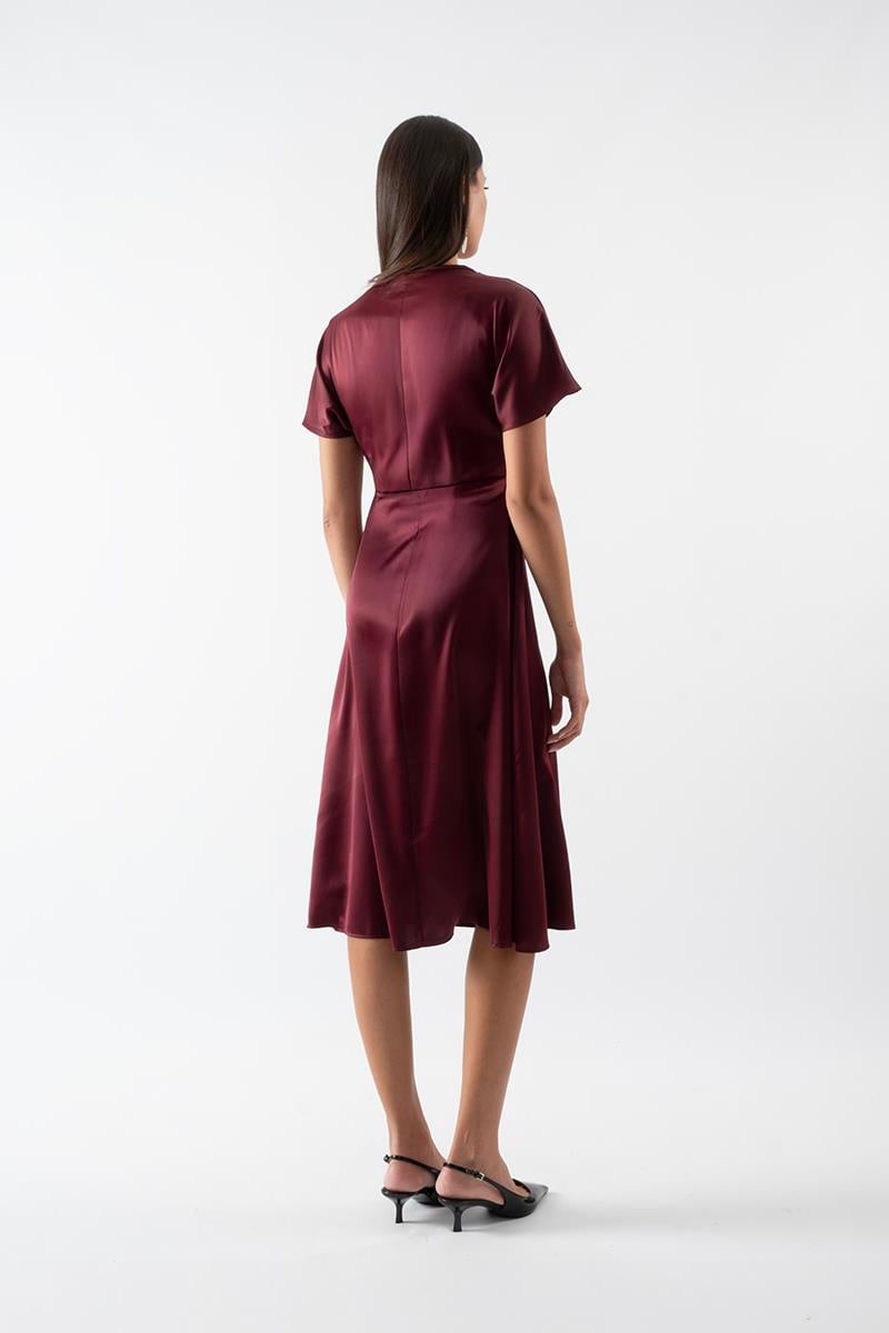 Palestino V Yaka Düşük Kol Kloş Elbise BORDO
