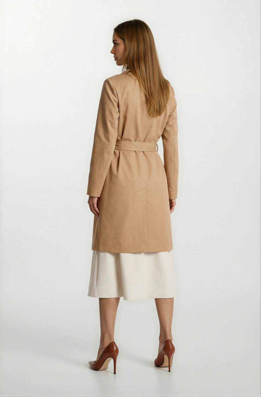 Pallaske Kruvaze Yaka Kuşaklı Cepli Trençkot TABA