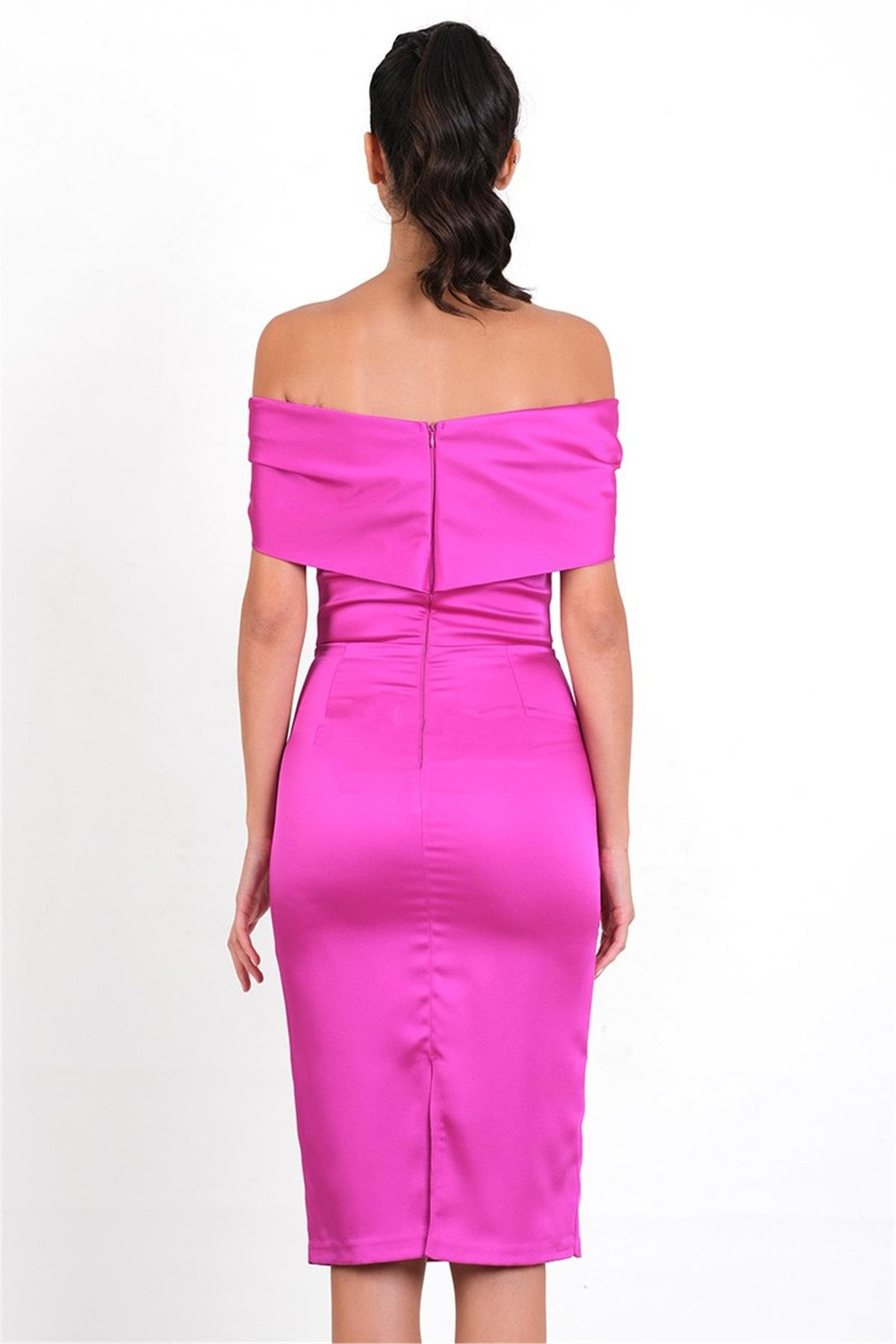 Papaleo Fiyonk Kayık Yaka Bel Şerit Aksesualı Kısa Abiye Elbise FUŞYA