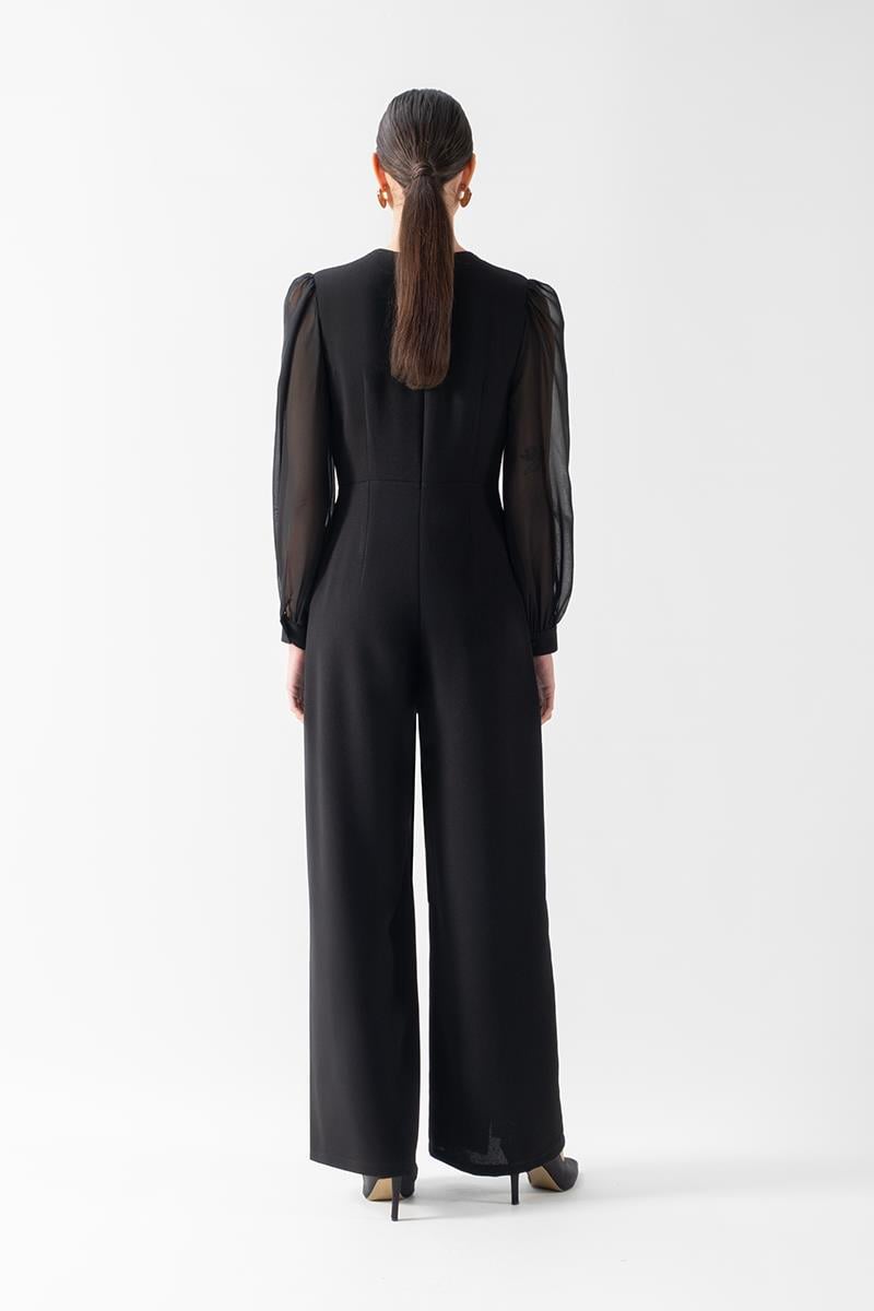 Patroclo Kruvaze Yaka Yırtmaçlı Paça Tek Düğme Abiye Tulum SİYAH