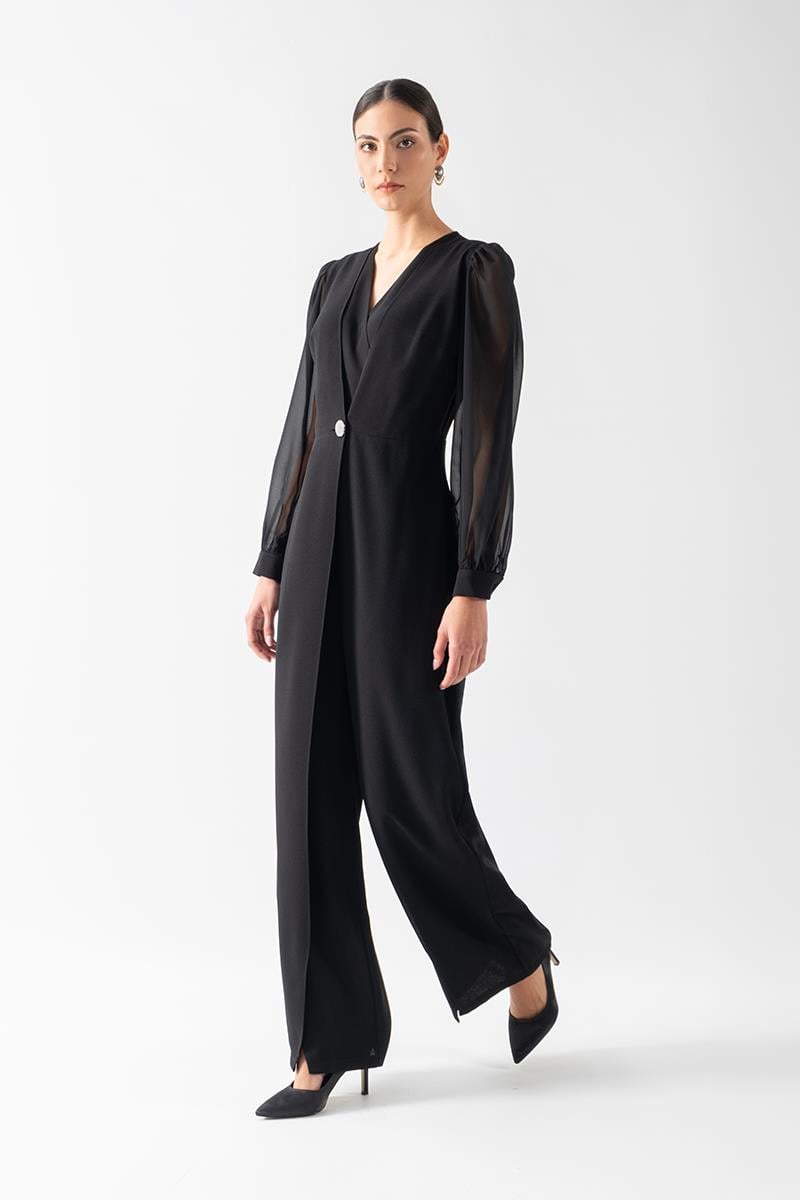 Patroclo Kruvaze Yaka Yırtmaçlı Paça Tek Düğme Abiye Tulum SİYAH