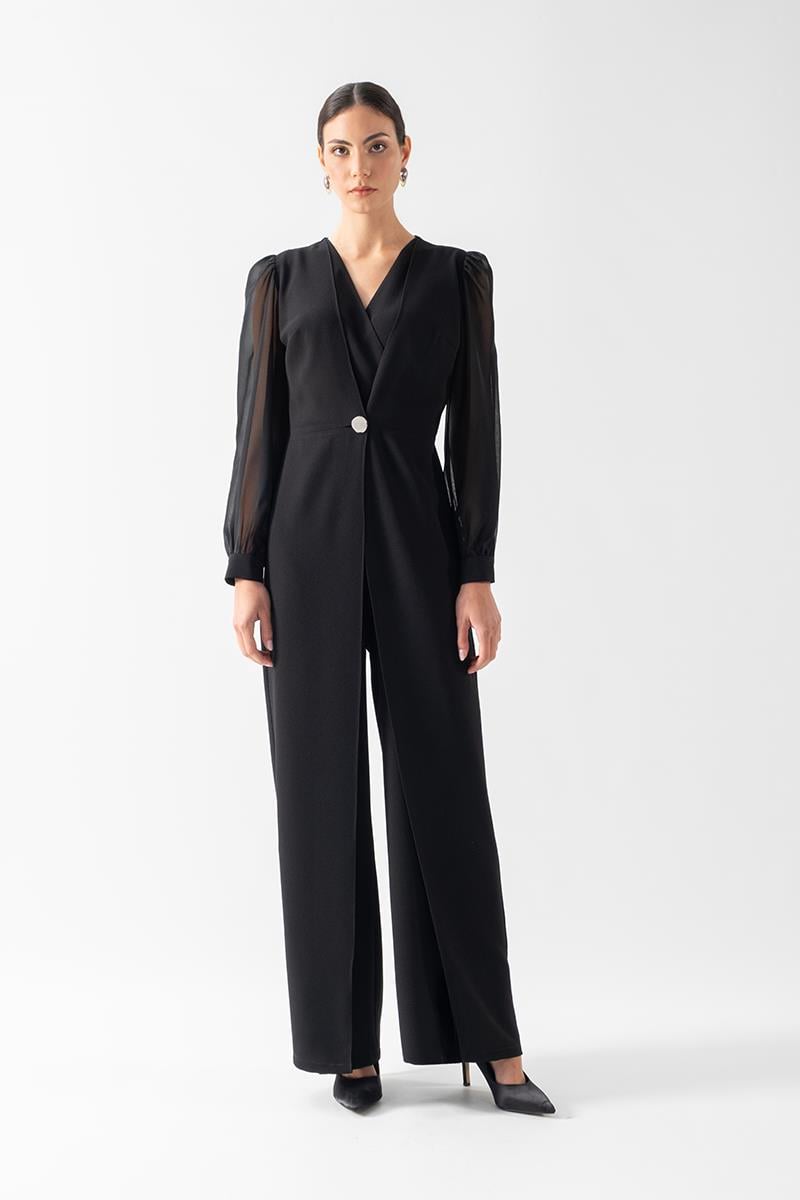 Patroclo Kruvaze Yaka Yırtmaçlı Paça Tek Düğme Abiye Tulum SİYAH