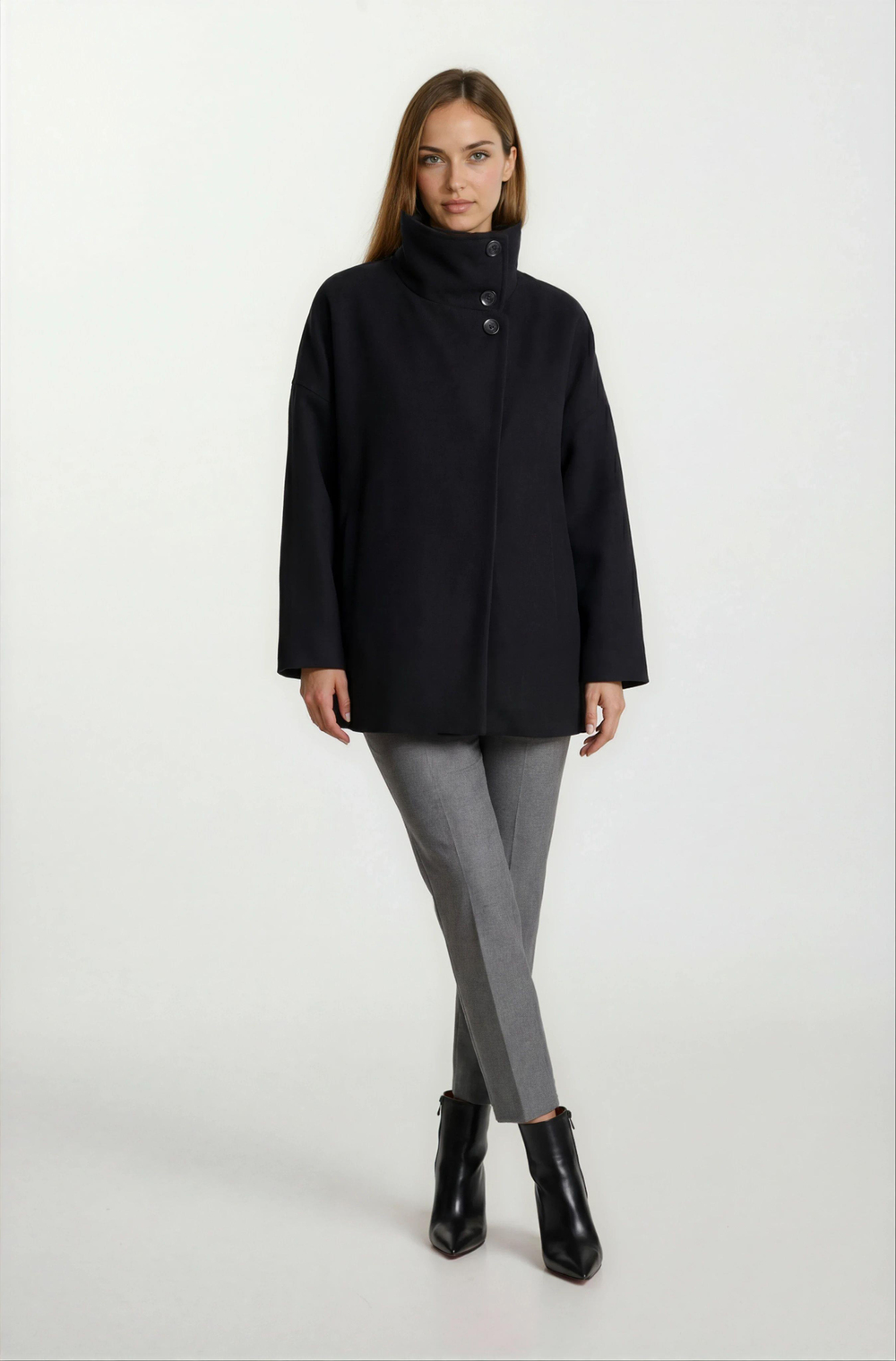 Pellegrina Dik Yaka Yandan Cepli Geniş Kesim Mont SİYAH