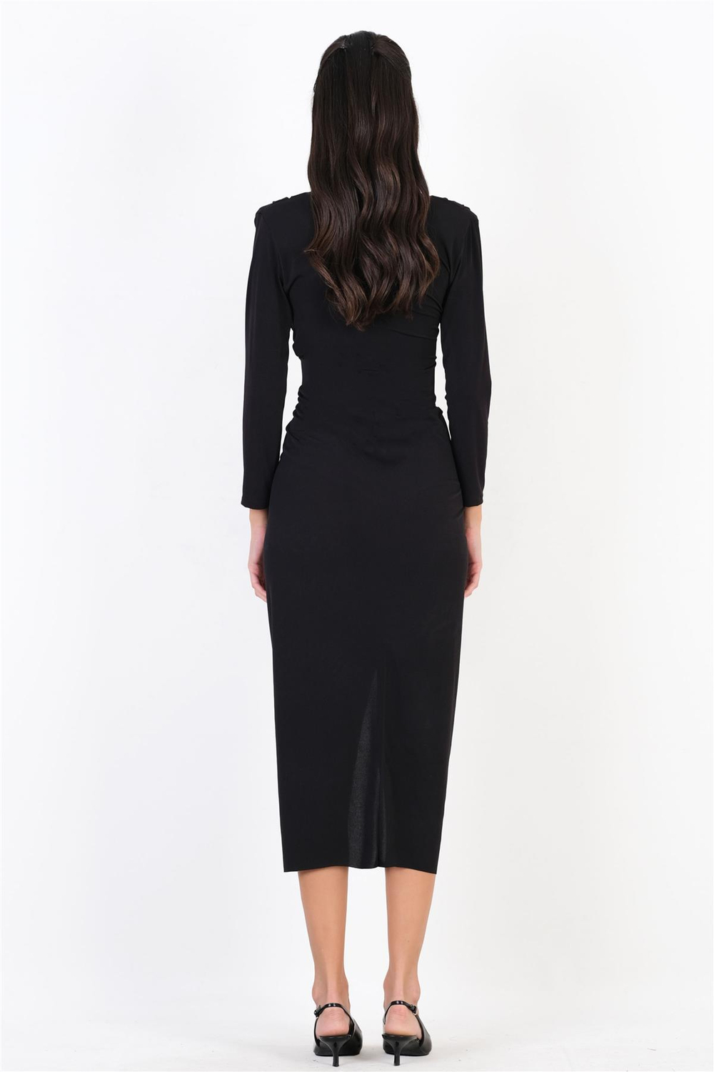 Perkins Omuz Pileli Önü Derin V Uzun Abiye Elbise SİYAH