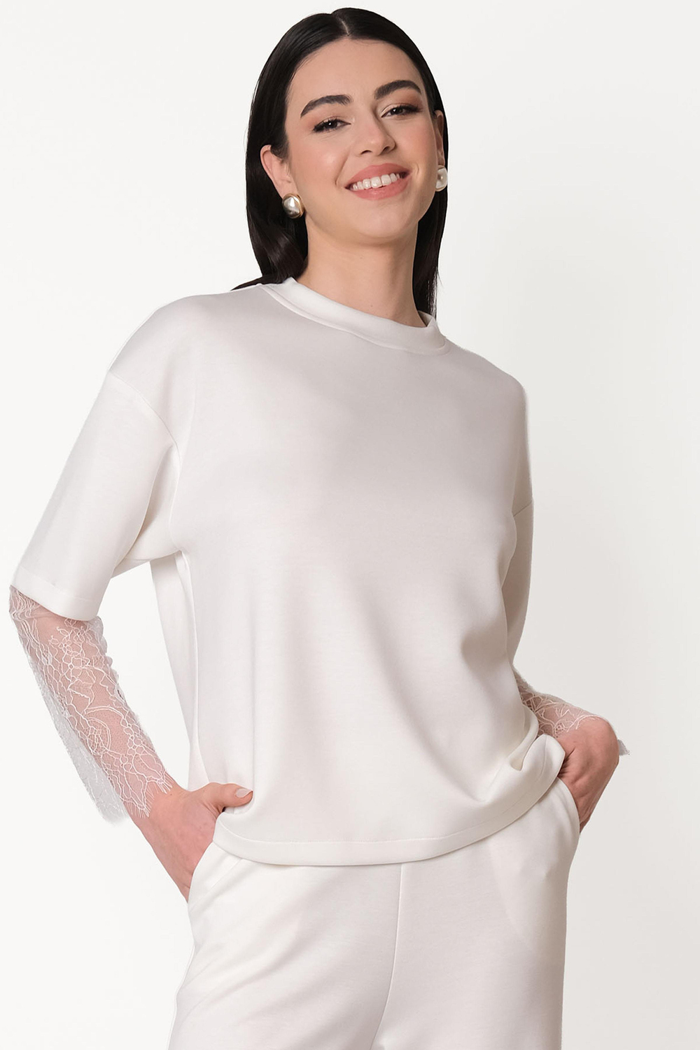 Persilio Bisiklet Yaka Dantel Kol Detaylı Bluz EKRU