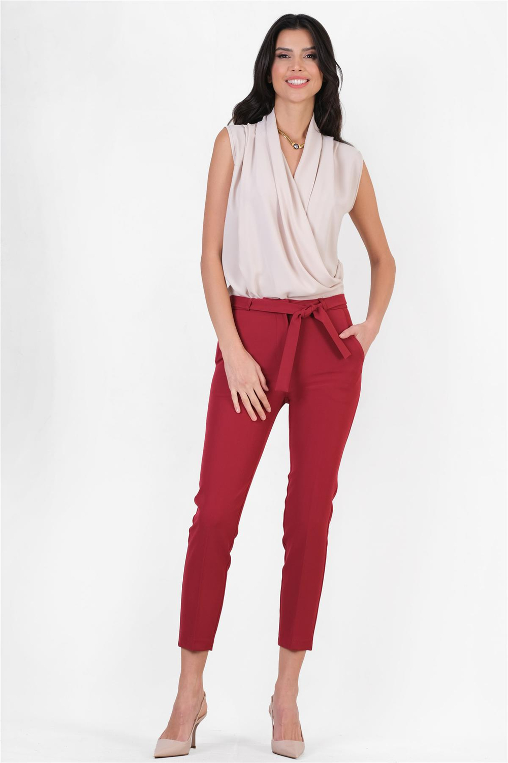 Peters Bel Kuşaklı Dar Paça Pantolon BORDO