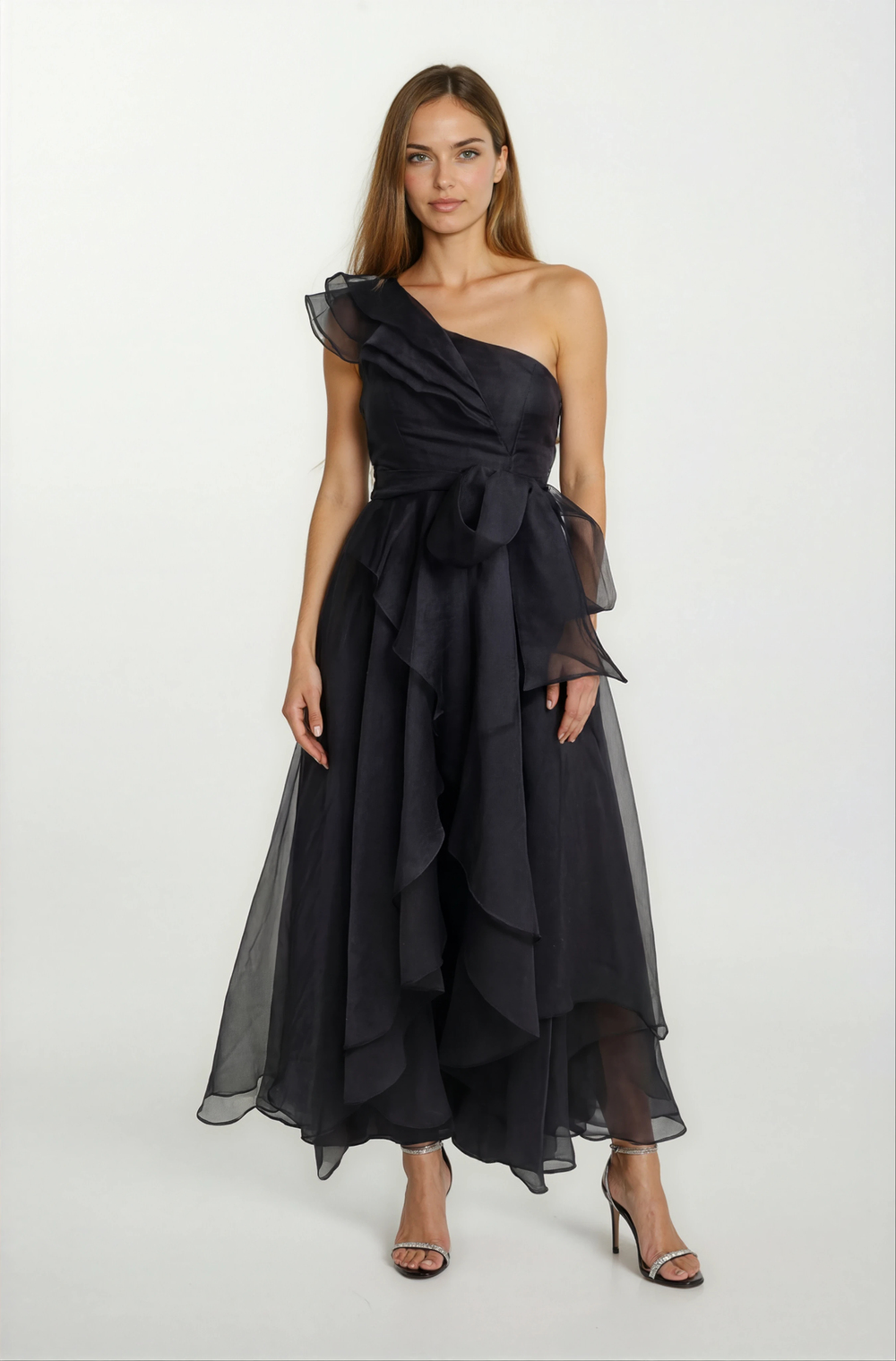 Pierettoi Kayık Yaka Asimetrik Kesim Uzun Abiye Elbise SİYAH