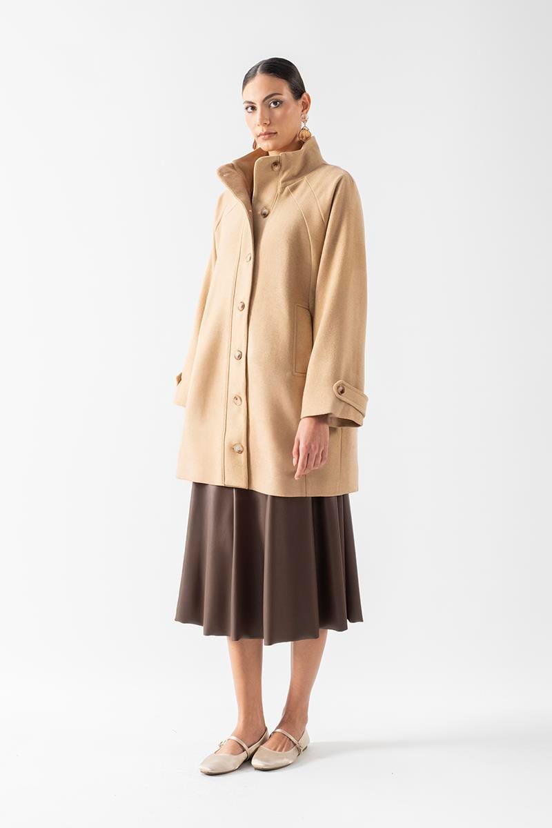 Primula Arka A Pile Dik Yaka Kaban AÇIK CAMEL