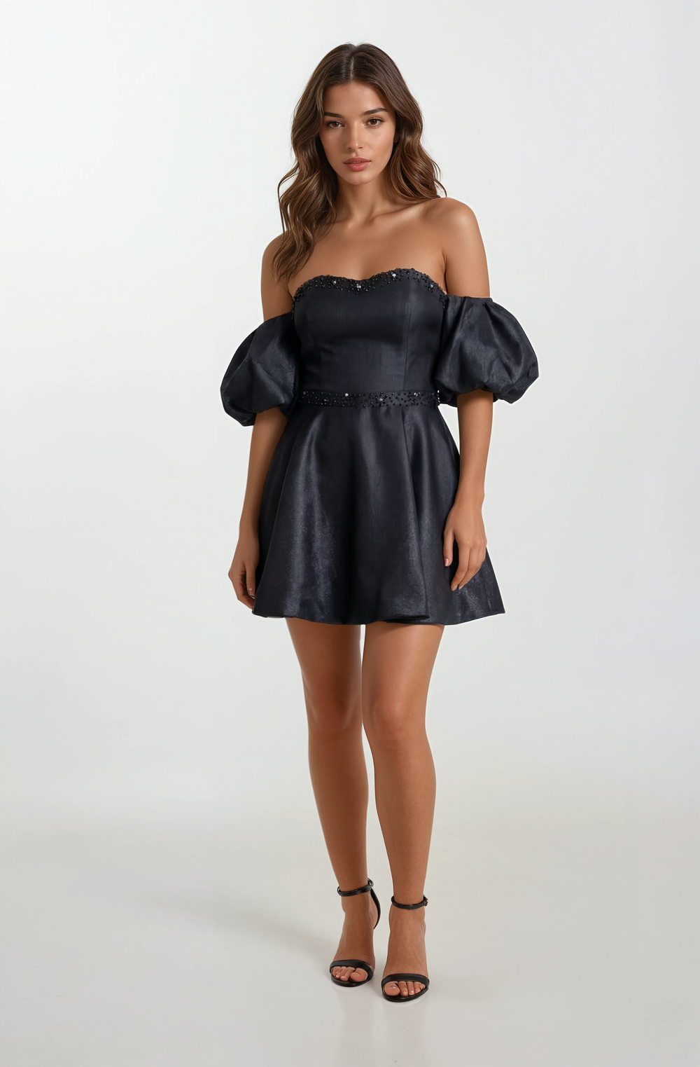 Rahmerı Straplez Kalp Yaka  Balon Kol Kısa Abiye Elbise SİYAH