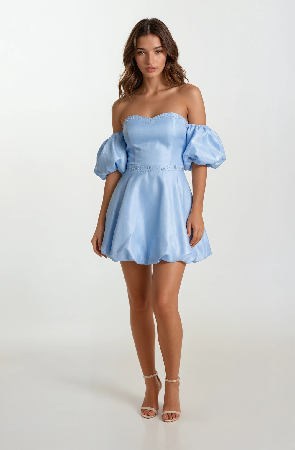 Rahmerı Straplez Kalp Yaka  Balon Kol Kısa Abiye Elbise MAVİ