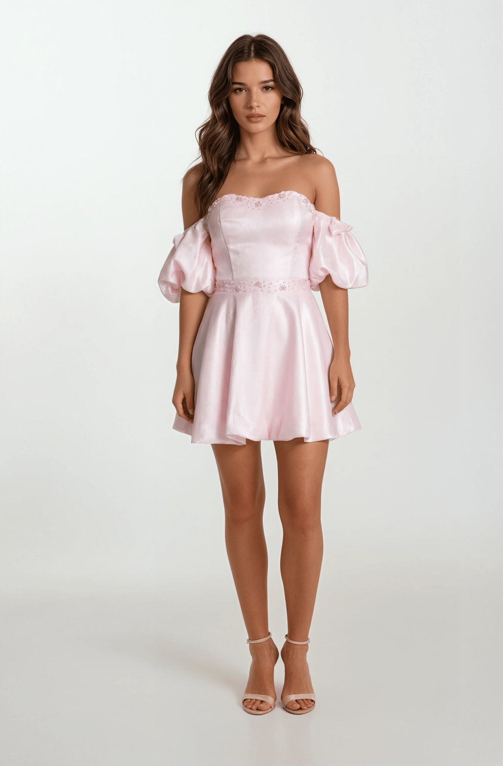 Rahmerı Straplez Kalp Yaka  Balon Kol Kısa Abiye Elbise PEMBE