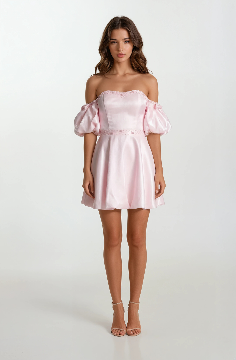 Rahmerı Straplez Kalp Yaka  Balon Kol Kısa Abiye Elbise PEMBE