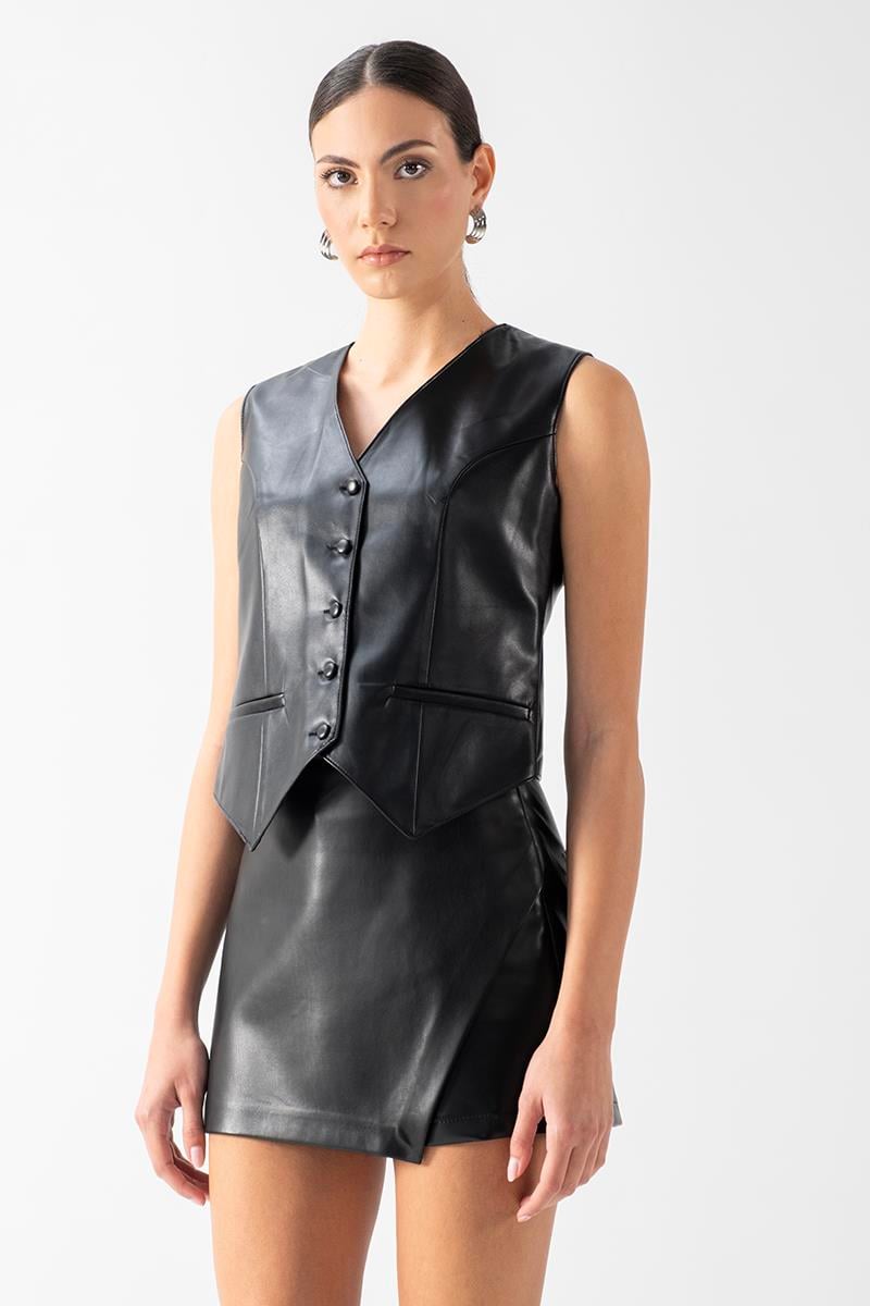 Redgrave V Yaka Kulplu Deri yelek SİYAH