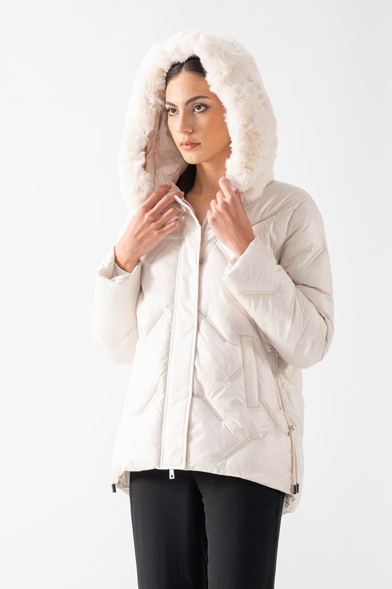 Remiggio  Fermuarlı Kapüşonlu Kürklü Mont BEJ