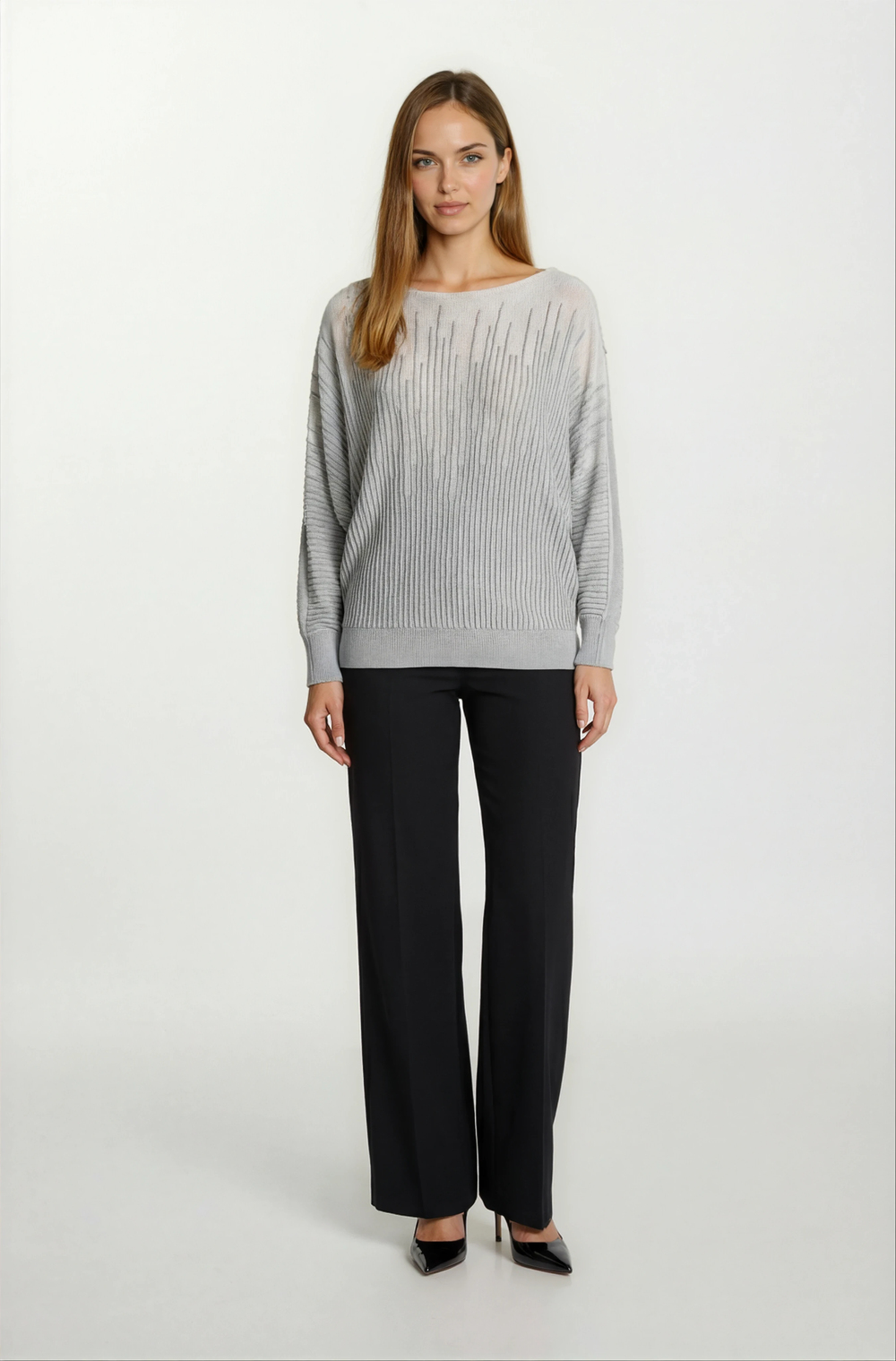 Riehle Kayık Yaka Trasparan Yarasa Kol Triko GRİ