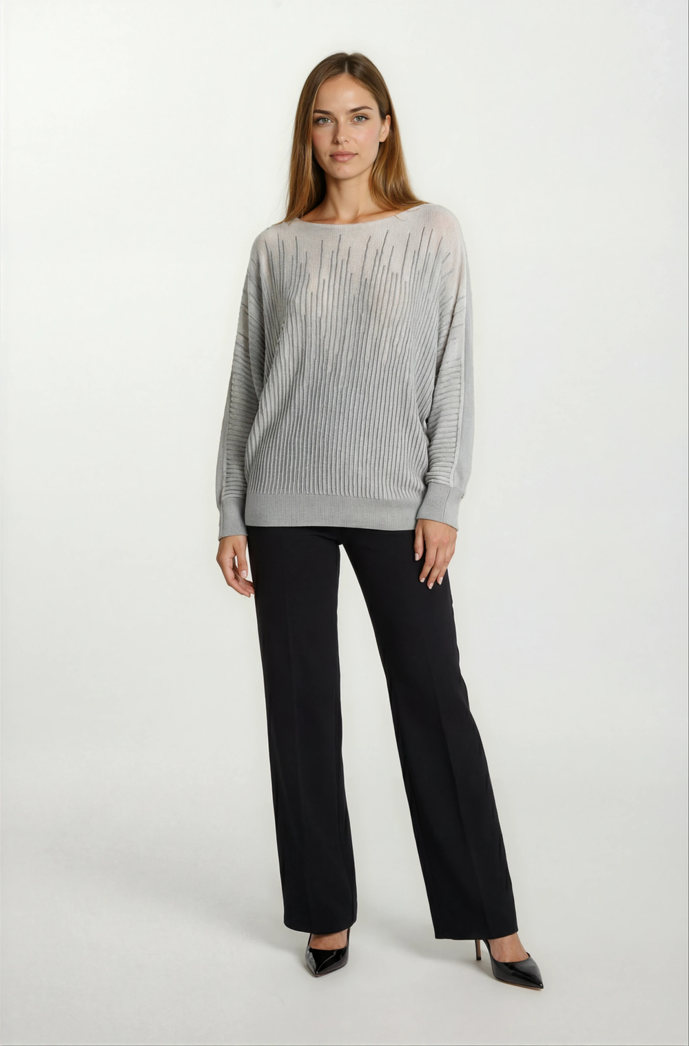 Riehle Kayık Yaka Trasparan Yarasa Kol Triko GRİ