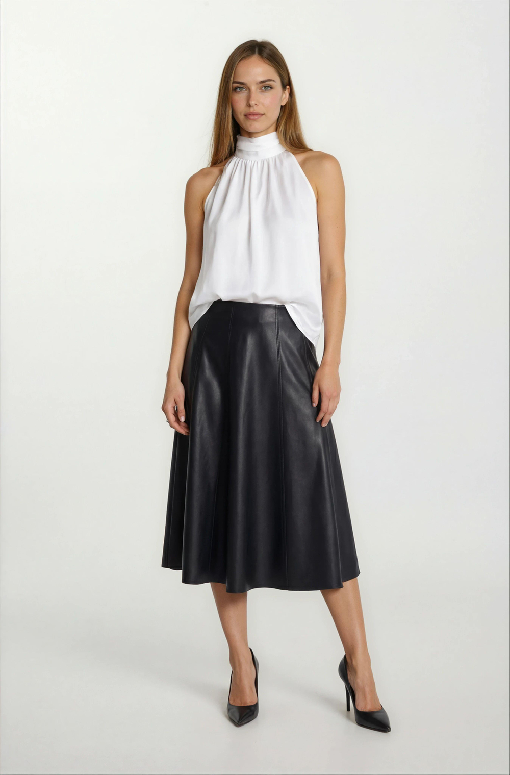 Rinuccia Altı Parça Kloş Deri Etek SİYAH