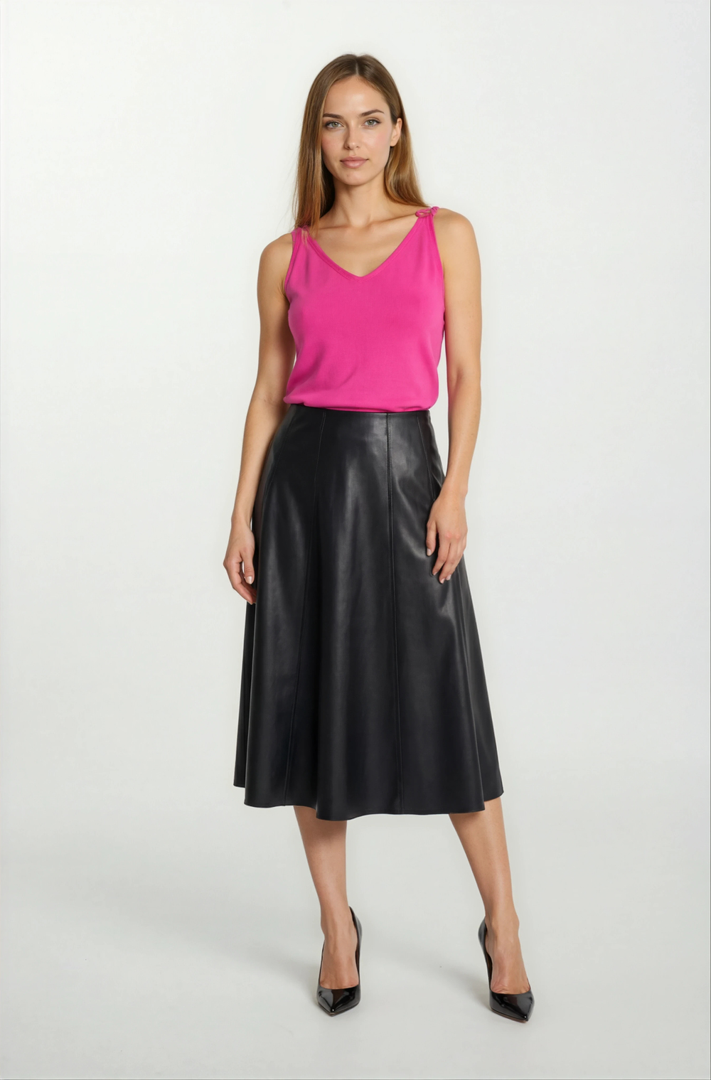 Rinuccia Altı Parça Kloş Deri Etek SİYAH