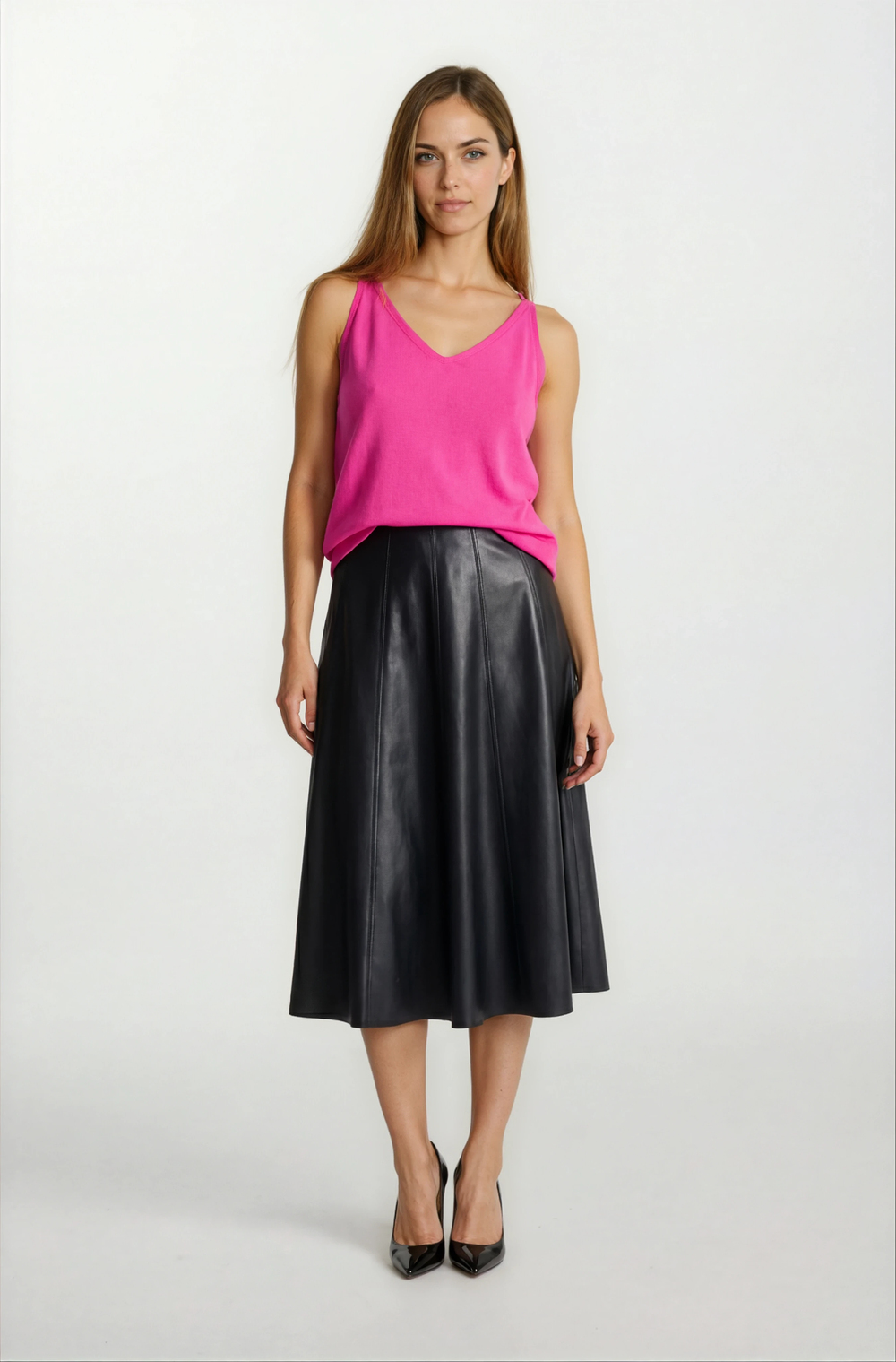 Rinuccia Altı Parça Kloş Deri Etek SİYAH