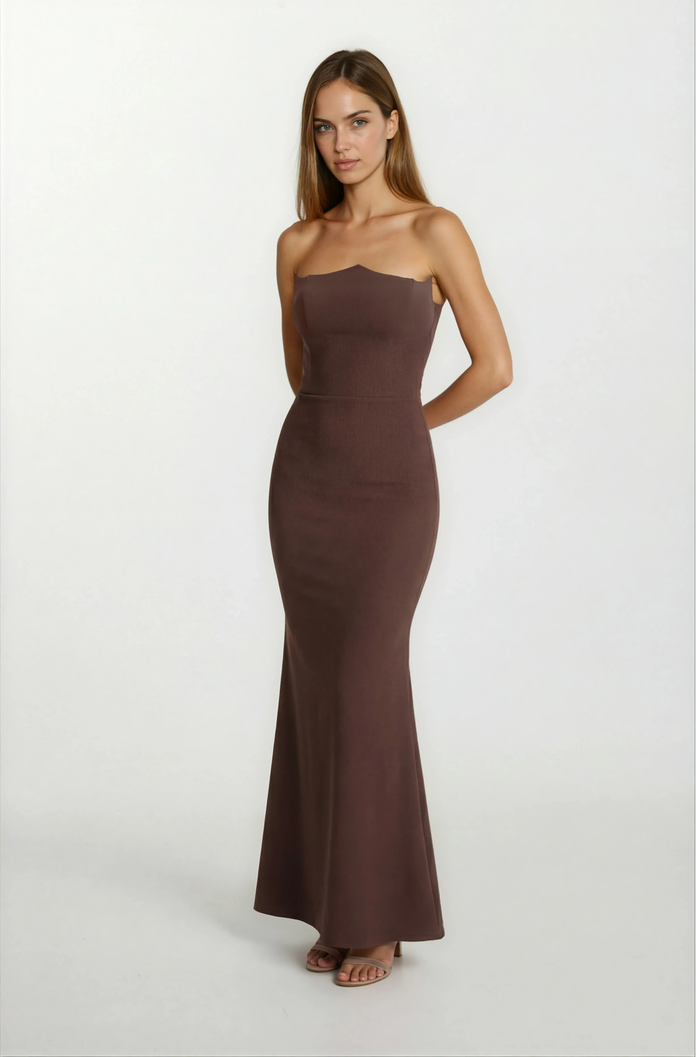 Romero Straplez Yaka Balık Uzun  Abiye Elbise KAHVE