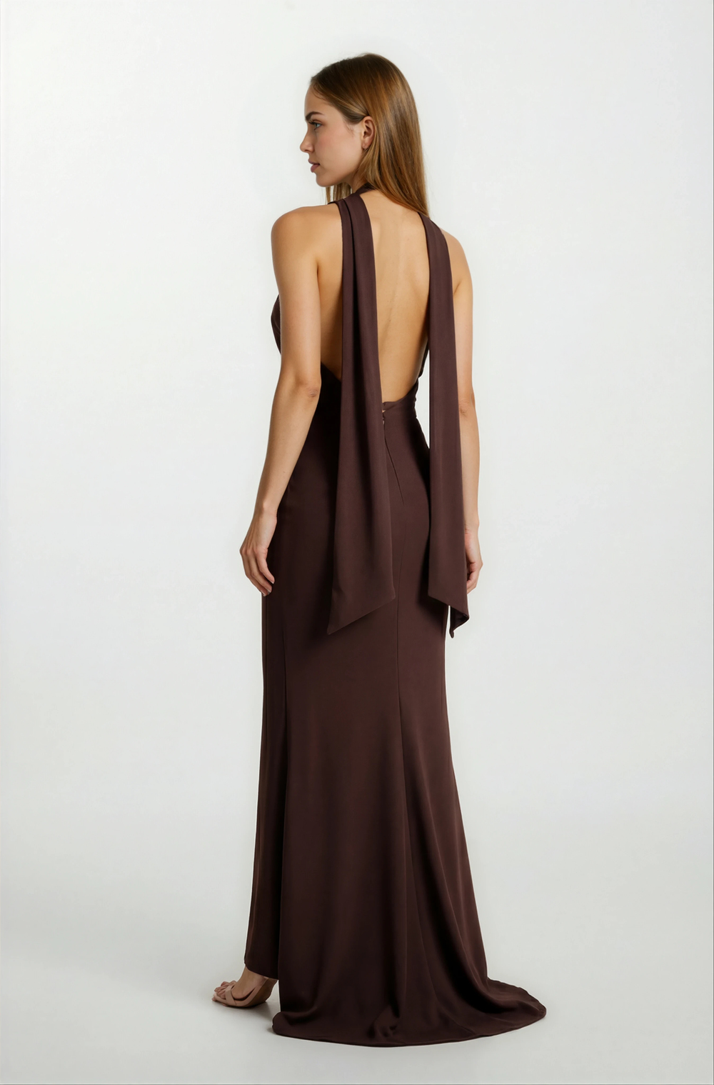 Romero Straplez Yaka Balık Uzun  Abiye Elbise KAHVE