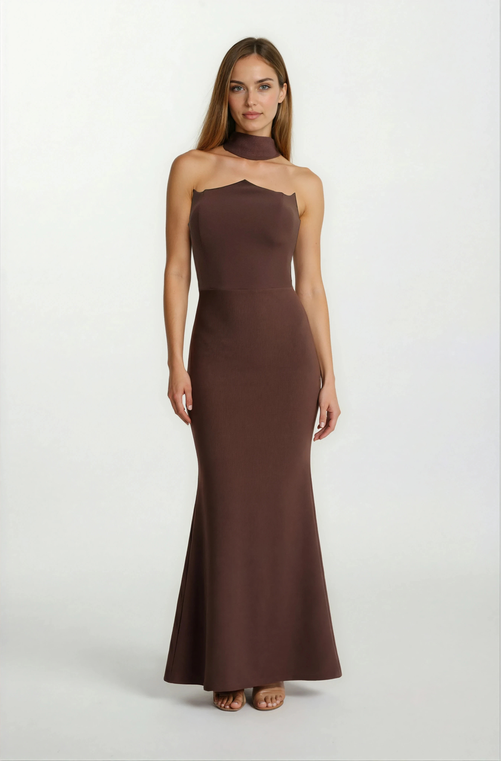 Romero Straplez Yaka Balık Uzun  Abiye Elbise KAHVE