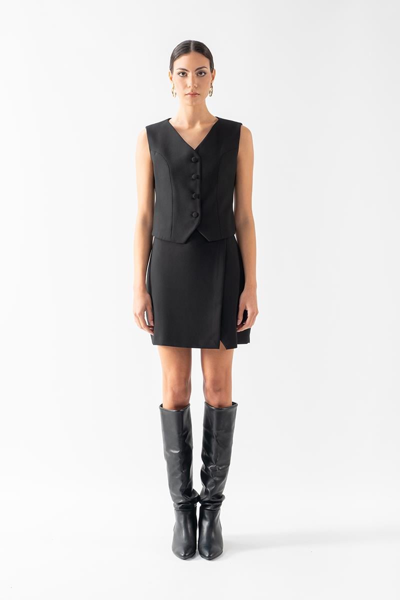 Rudakova V Yaka Kulplu Klasik Yelek SİYAH