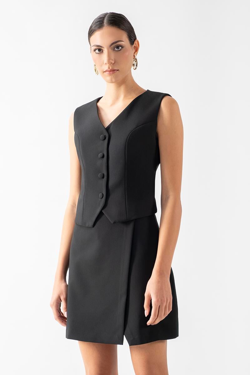 Rudakova V Yaka Kulplu Klasik Yelek SİYAH