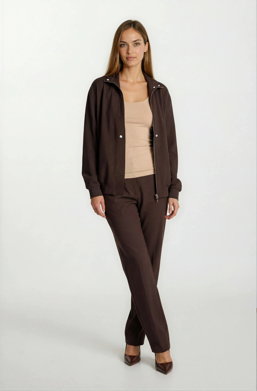 Russum Dik Yaka Önden Fermuarlı Kuşaklı Mont KAHVE