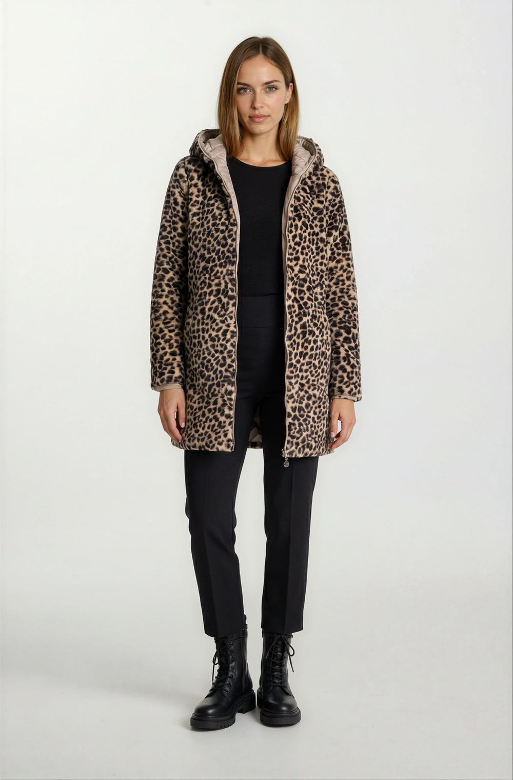 Sorrentino Çift Taraflı Kapitoneli Leopar Peluş Kapüşonlu Kaban VİZON