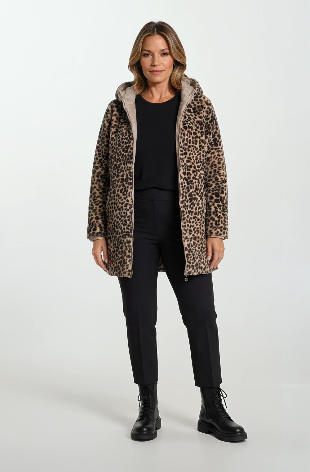 Sorrentino Çift Taraflı Kapitoneli Leopar Peluş Kapüşonlu Kaban VİZON